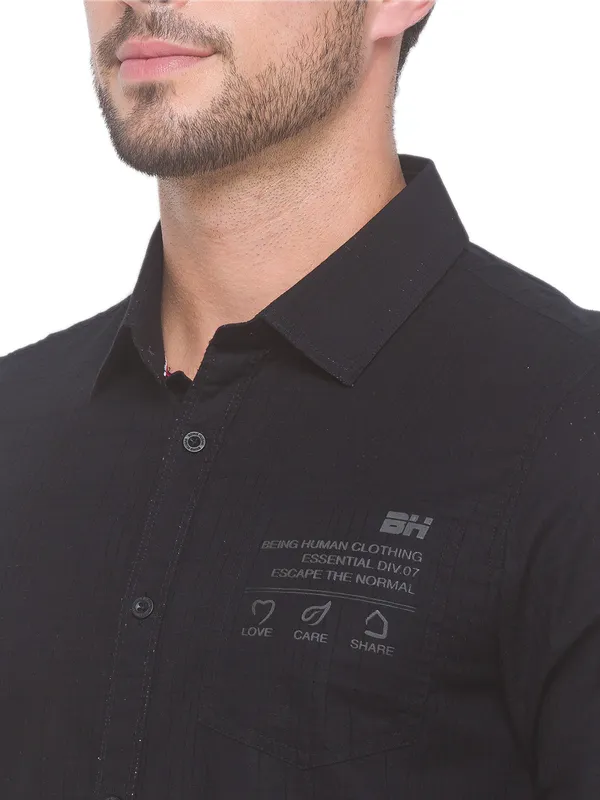 Being Human Slim Fit Men Collared Shirts-Black