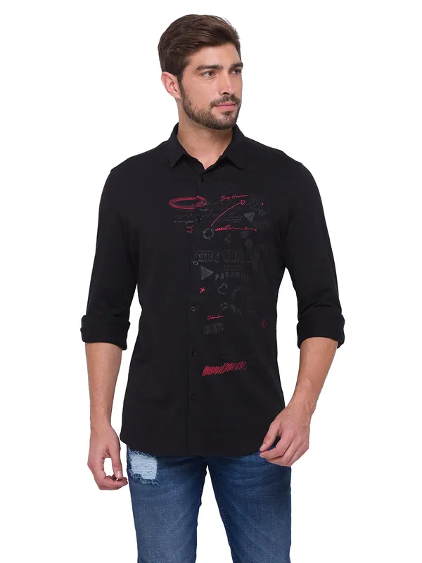 Being Human Slim Fit Men Collared Shirts-Black