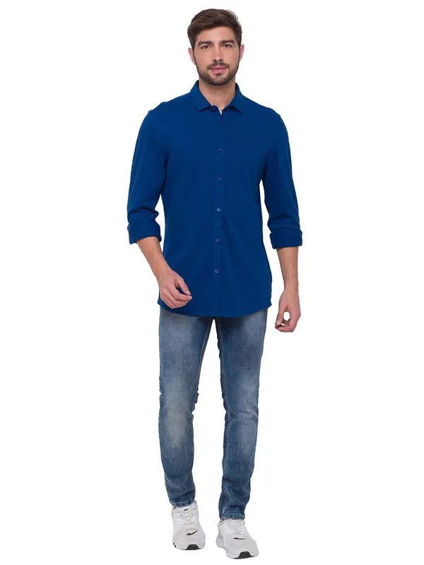 Being Human Super Slim Fit Men Collared Shirts-Royal Blue