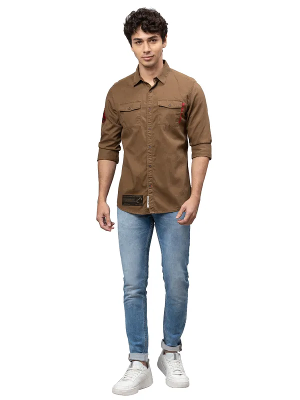 Being Human Slim Fit Men Collared Shirts-Khaki