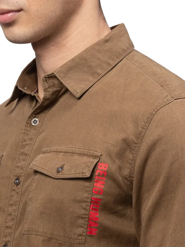 Being Human Slim Fit Men Collared Shirts-Khaki