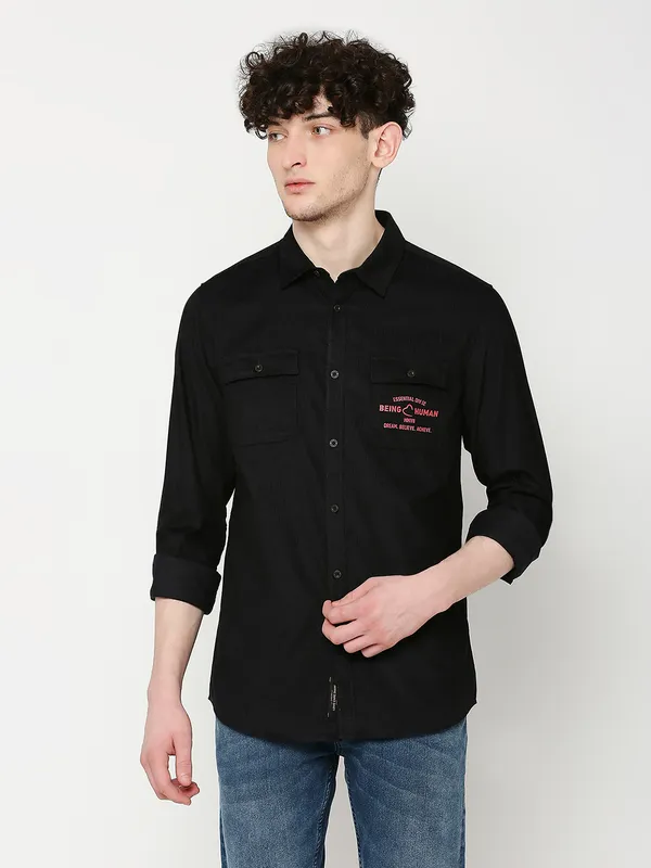Being Human Clothing Men Slim Fit Collared Shirts-Black