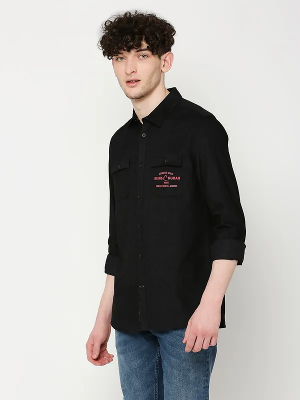 Being Human Clothing Men Slim Fit Collared Shirts-Black