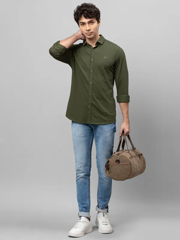 Being Human Super Slim Fit Men Collared Shirts-Bottlegreen
