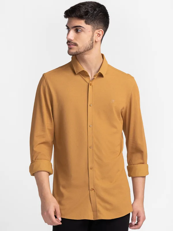 Being Human Slim Fit Men Collared Shirts-Camel