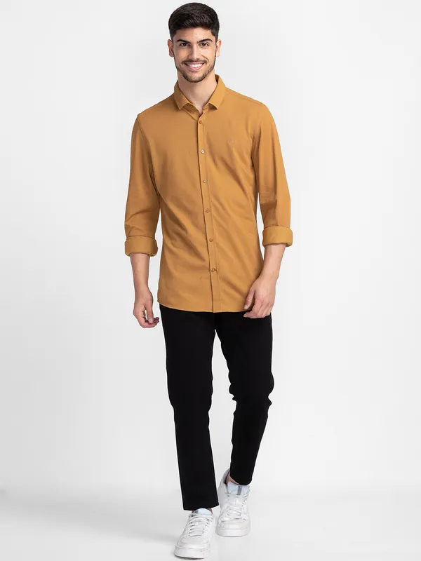 Being Human Slim Fit Men Collared Shirts-Camel