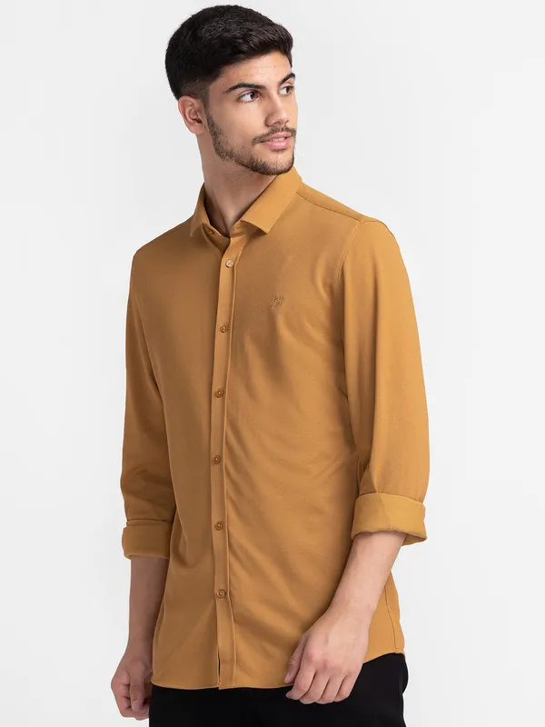 Being Human Slim Fit Men Collared Shirts-Camel