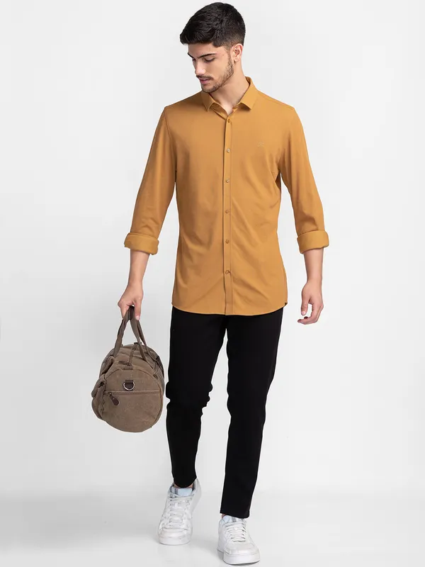Being Human Slim Fit Men Collared Shirts-Camel