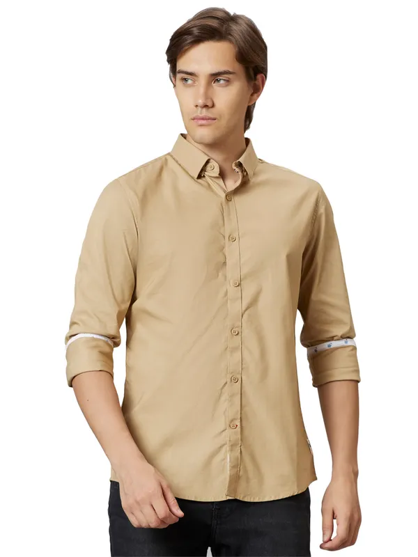 Being Human Slim Fit Men Collared Shirts-Beige