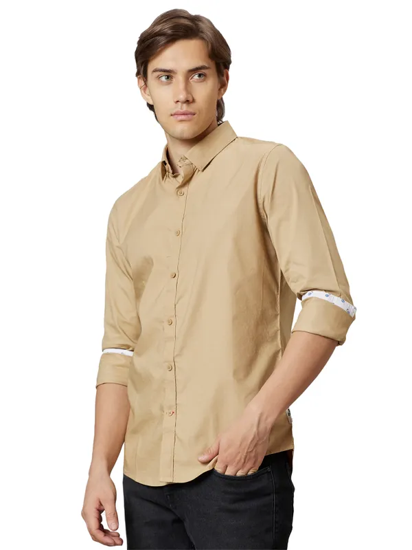 Being Human Slim Fit Men Collared Shirts-Beige