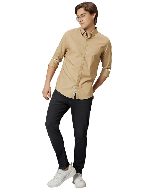 Being Human Slim Fit Men Collared Shirts-Beige