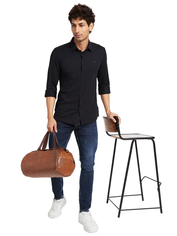 Being Human Slim Fit Men Collared Shirts-Black