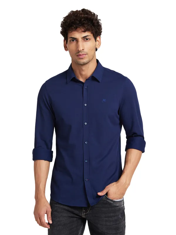Being Human Slim Fit Men Collared Shirts-Navy