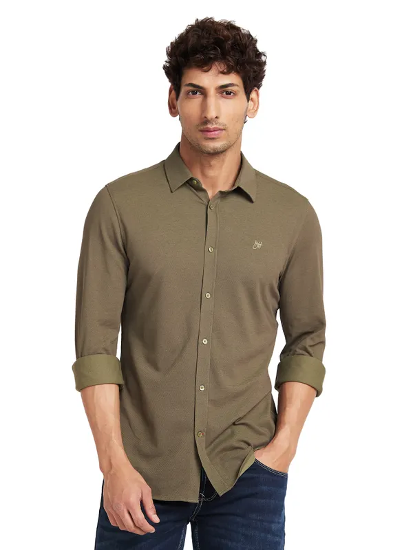 Being Human Slim Fit Men Collared Shirts-Olive