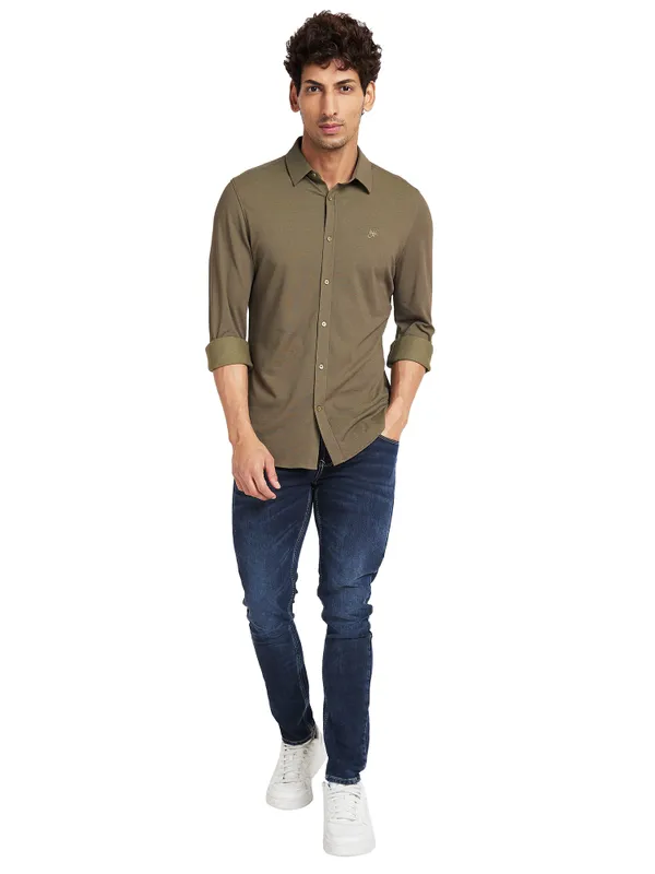 Being Human Slim Fit Men Collared Shirts-Olive