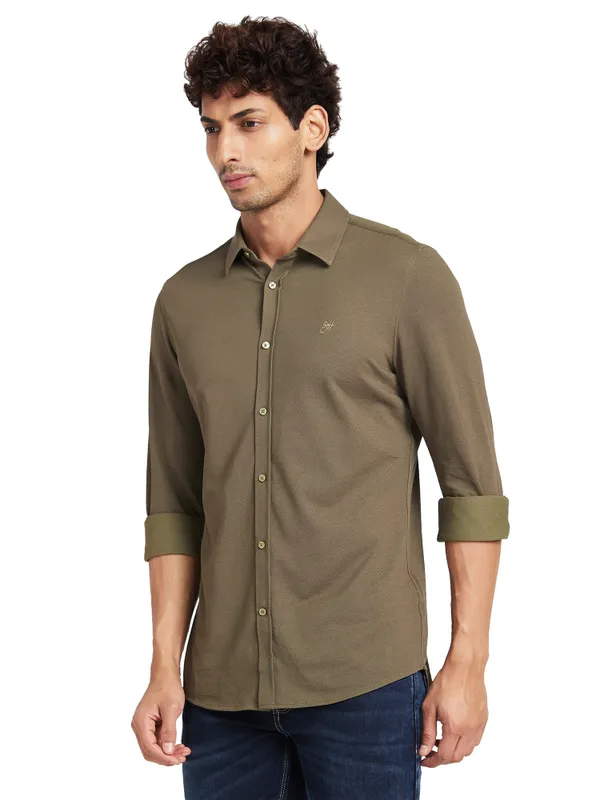 Being Human Slim Fit Men Collared Shirts-Olive