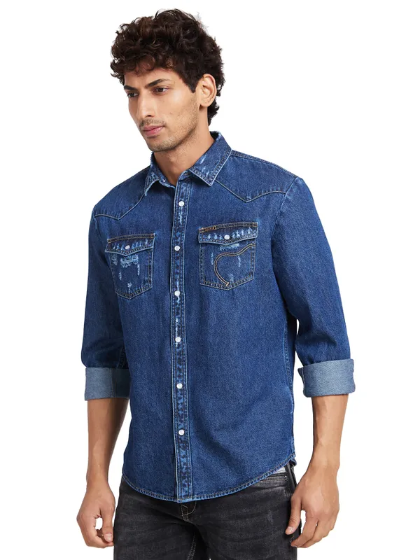 Being Human Men Slim Fit Shirts-Mid Blue