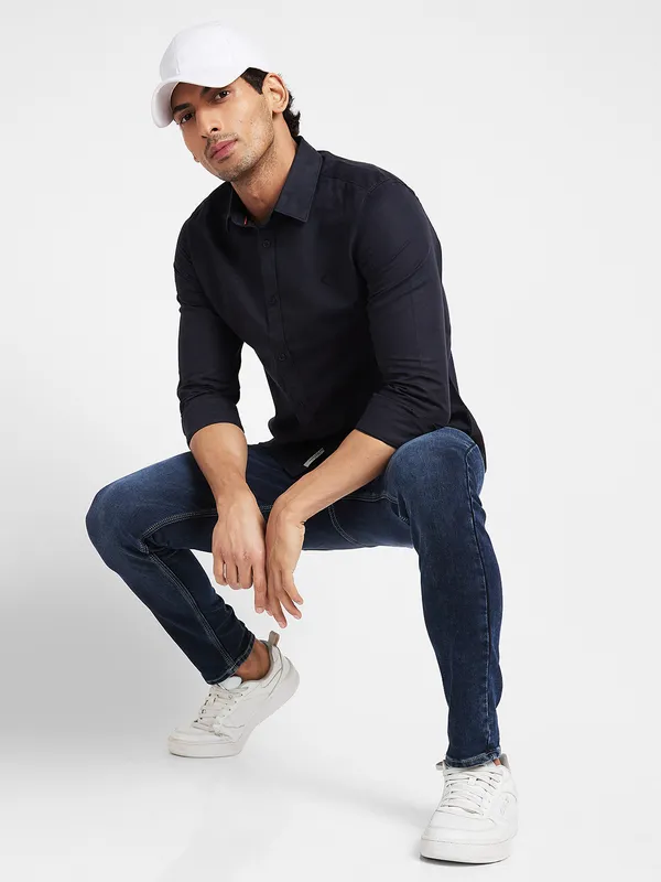 Being Human Clothing Men Slim Fit Collared Shirts-Black