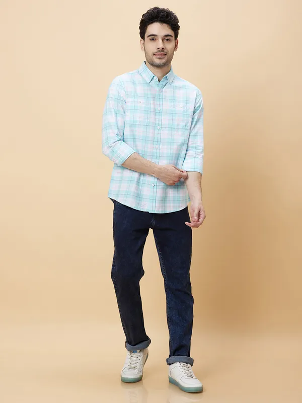 Being Human Clothing Men Slim Fit Shirts-White/Sea Green