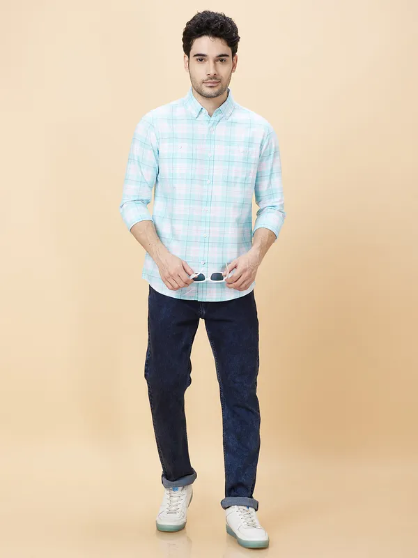 Being Human Clothing Men Slim Fit Shirts-White/Sea Green