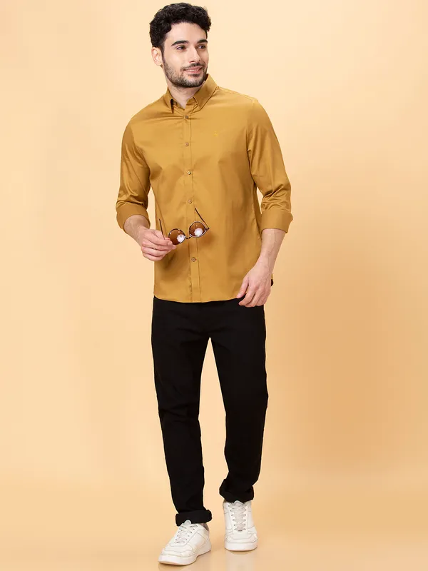 Being Human Clothing Men Slim Fit Shirts-Camel