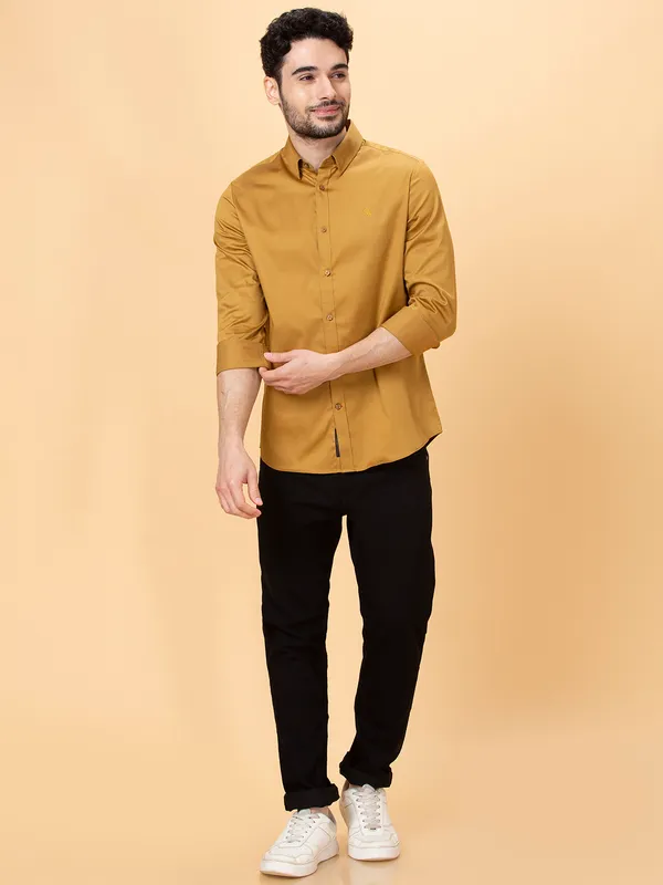 Being Human Clothing Men Slim Fit Shirts-Camel