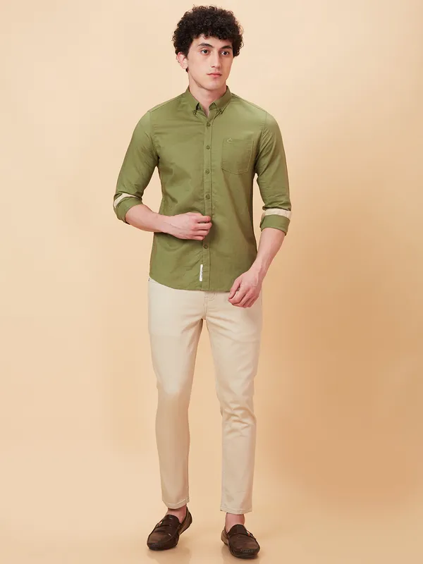 Being Human Men Slim Fit Shirts-Dk.Olive