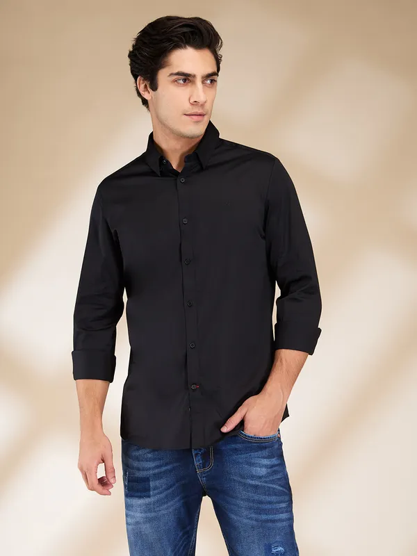 Being Human Men Black Solid Spread Collar Shirt