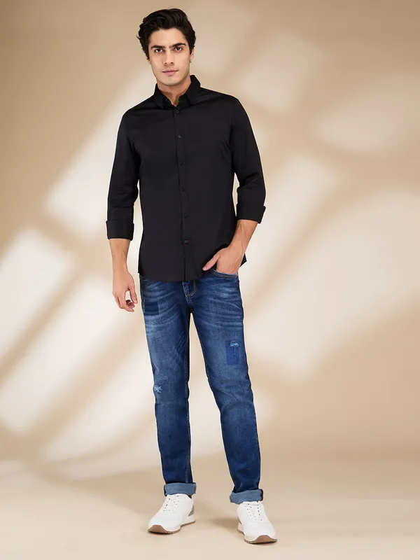 Being Human Men Black Solid Spread Collar Shirt