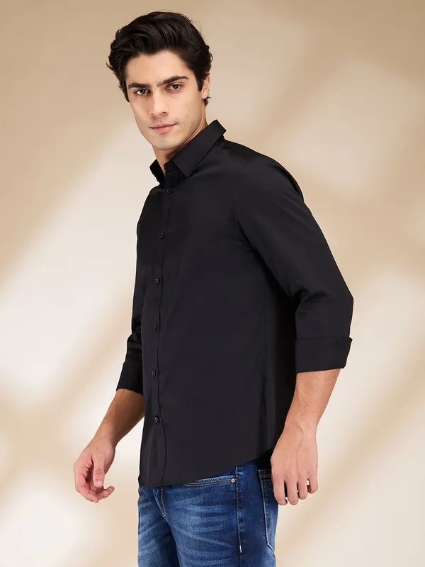 Being Human Men Black Solid Spread Collar Shirt