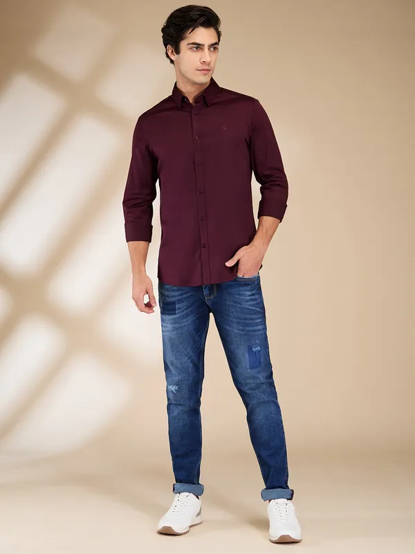 Being Human Clothing Men Red Solid Spread Collar Shirt