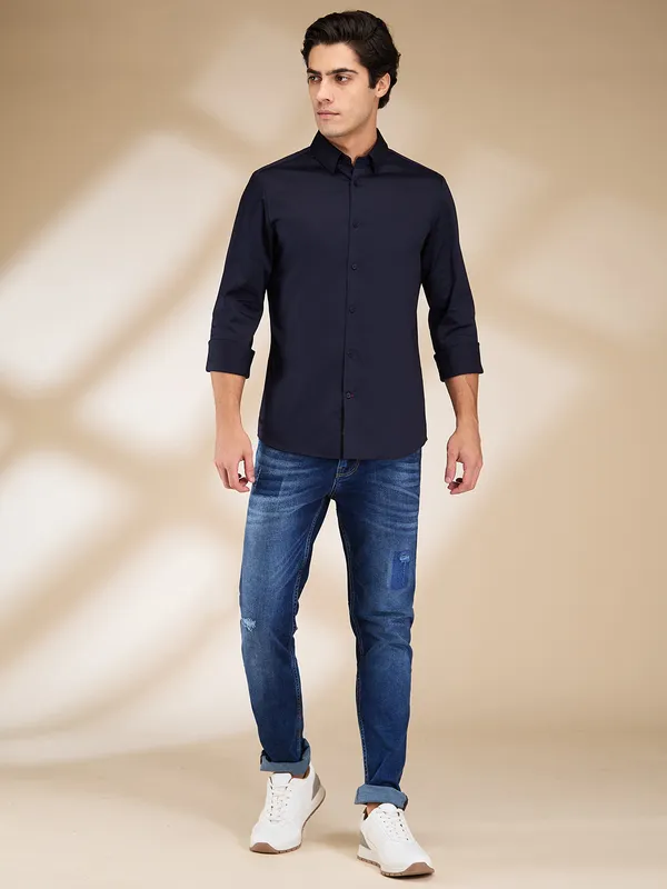 Being Human Clothing Men Blue Solid Spread Collar Shirt
