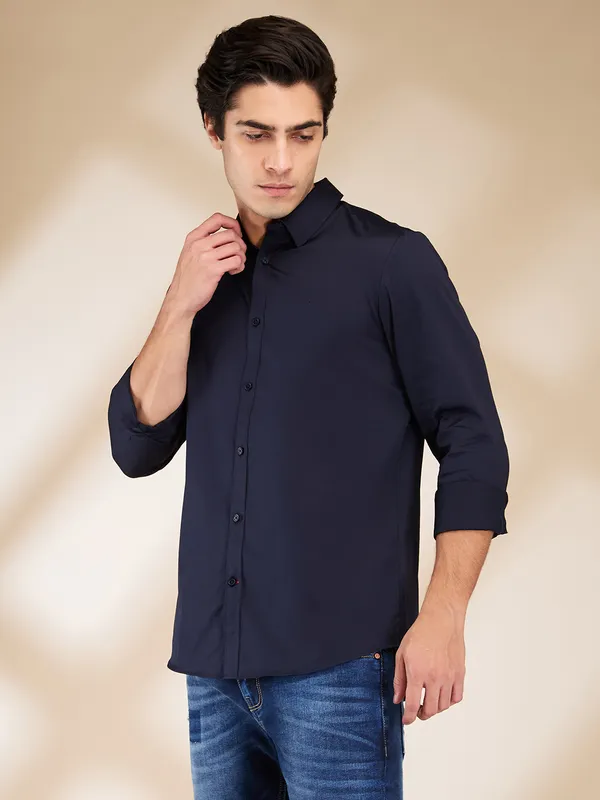 Being Human Clothing Men Blue Solid Spread Collar Shirt
