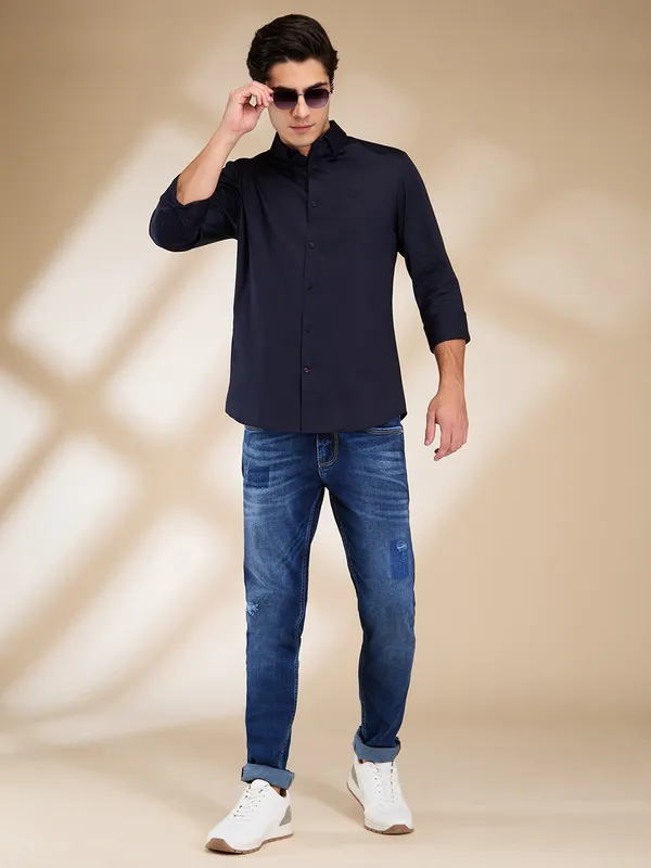 Being Human Clothing Men Blue Solid Spread Collar Shirt