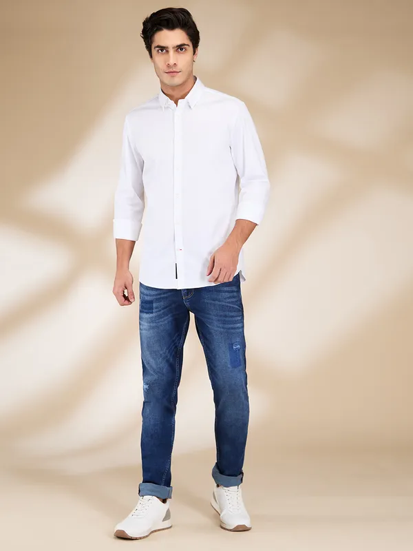 Being Human Clothing Men White Solid Button Down Collar Shirt