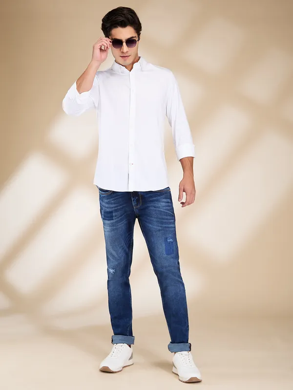 Being Human Clothing Men White Solid Button Down Collar Shirt