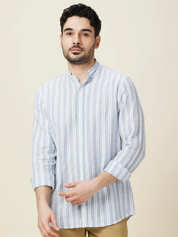 Being Human Clothing Men Blue Vertical Stripes Band Collar Shirt