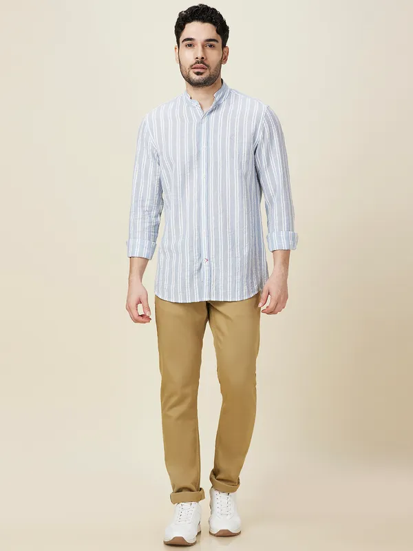 Being Human Clothing Men Blue Vertical Stripes Band Collar Shirt