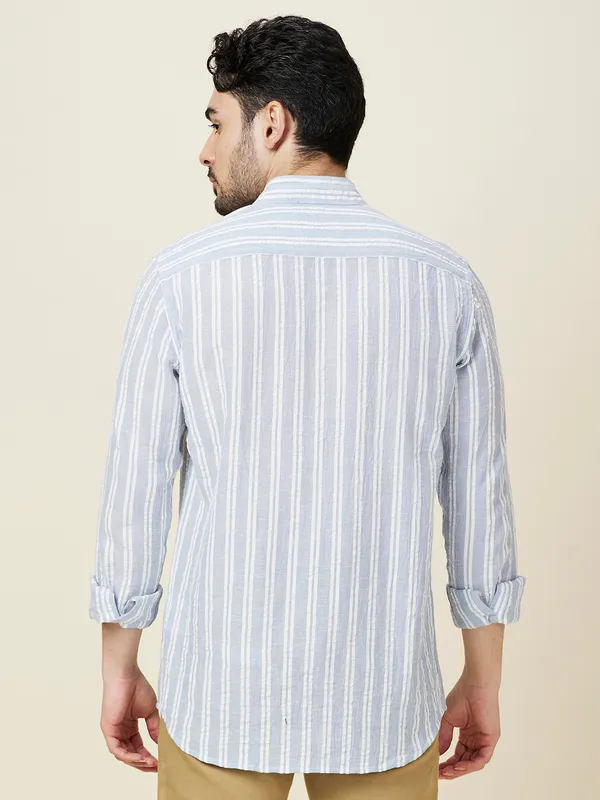 Being Human Clothing Men Blue Vertical Stripes Band Collar Shirt