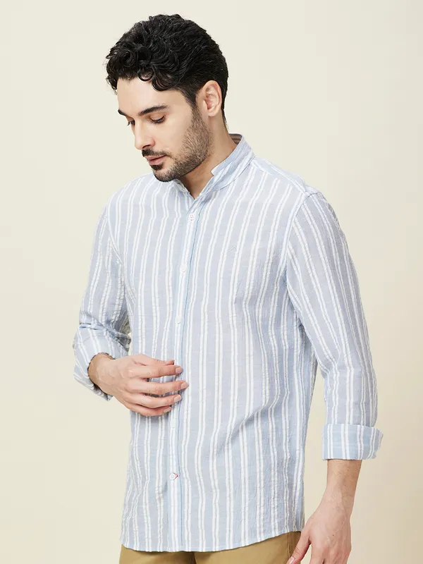 Being Human Clothing Men Blue Vertical Stripes Band Collar Shirt