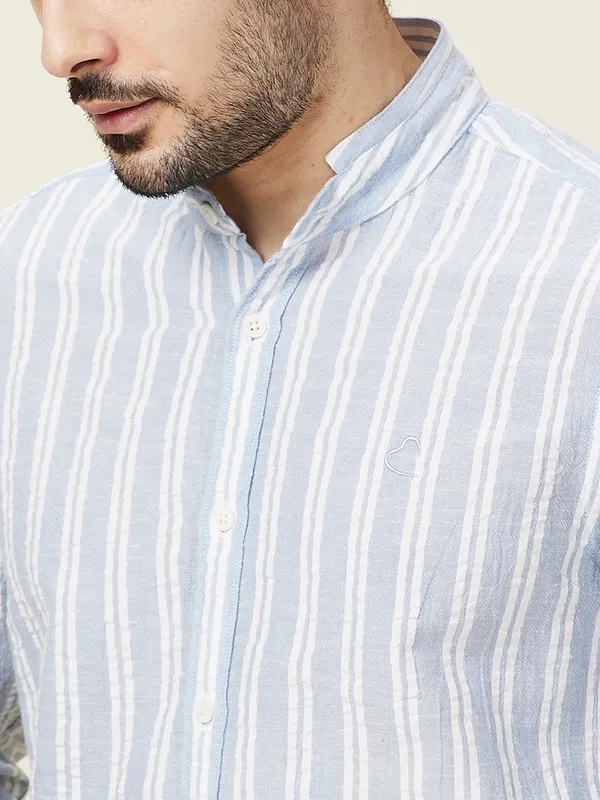 Being Human Clothing Men Blue Vertical Stripes Band Collar Shirt