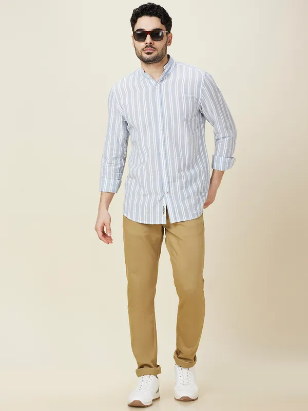 Being Human Clothing Men Blue Vertical Stripes Band Collar Shirt