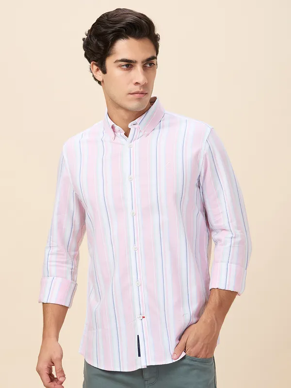 Being Human Clothing Men Pink Vertical Stripes Button Down Collar Shirt