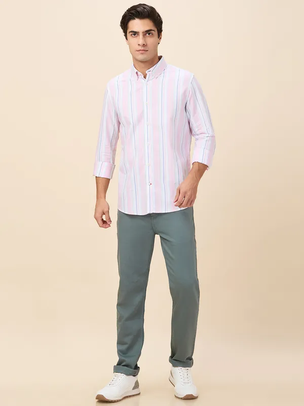 Being Human Clothing Men Pink Vertical Stripes Button Down Collar Shirt