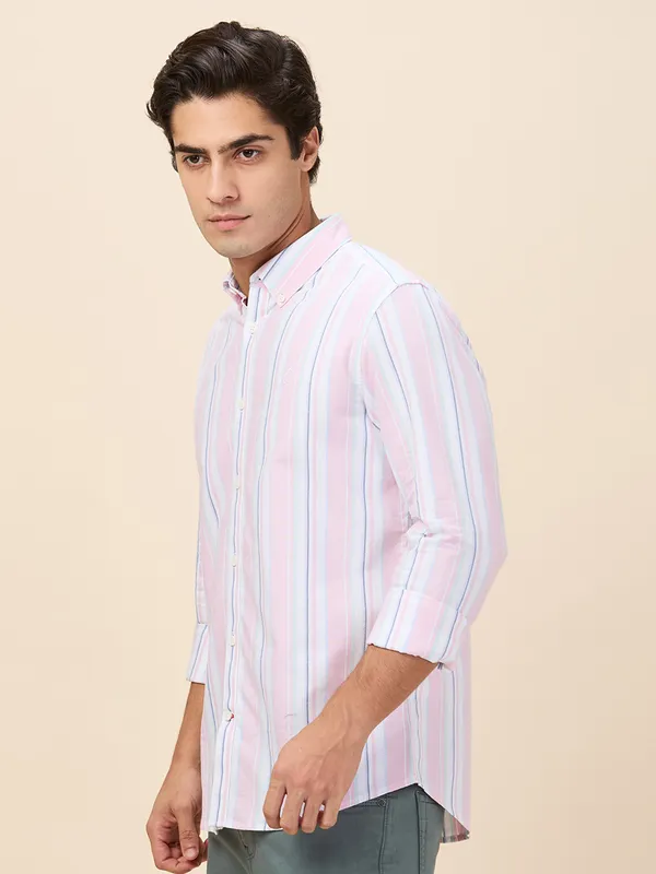 Being Human Clothing Men Pink Vertical Stripes Button Down Collar Shirt