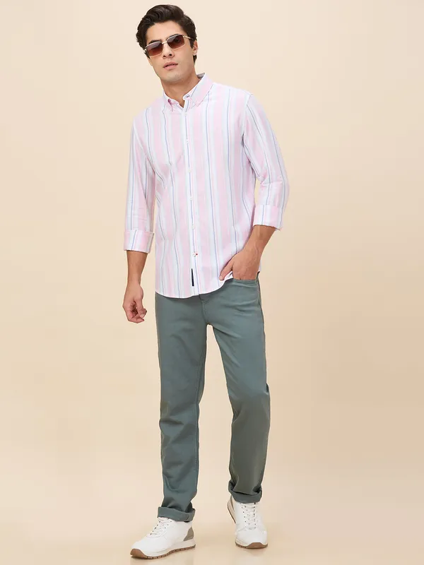 Being Human Clothing Men Pink Vertical Stripes Button Down Collar Shirt