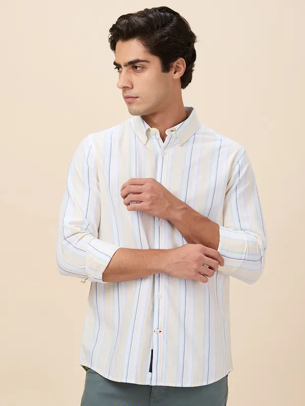 Being Human Clothing Men Yellow Vertical Stripes Button Down Collar Shirt