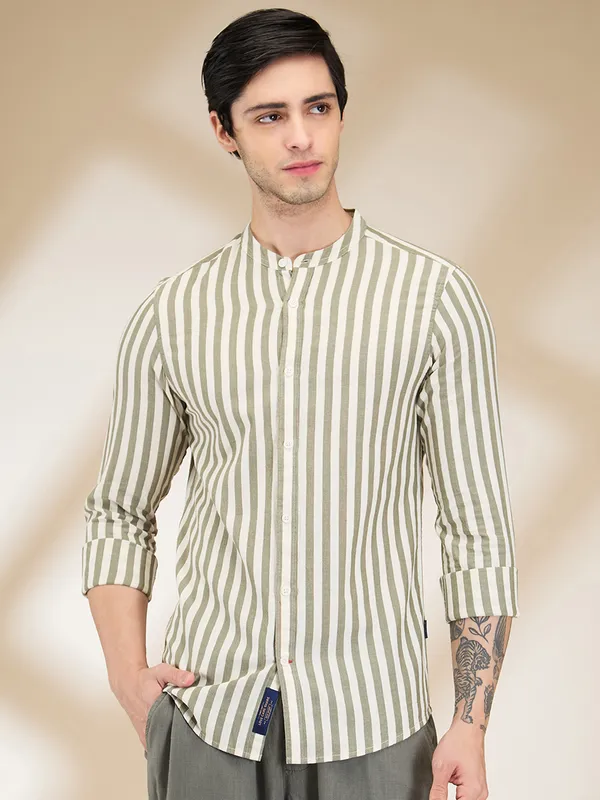 Being Human Men Green Vertical Stripes Band Collar Shirt