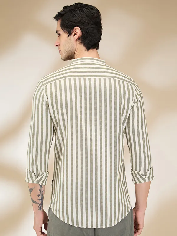 Being Human Men Green Vertical Stripes Band Collar Shirt