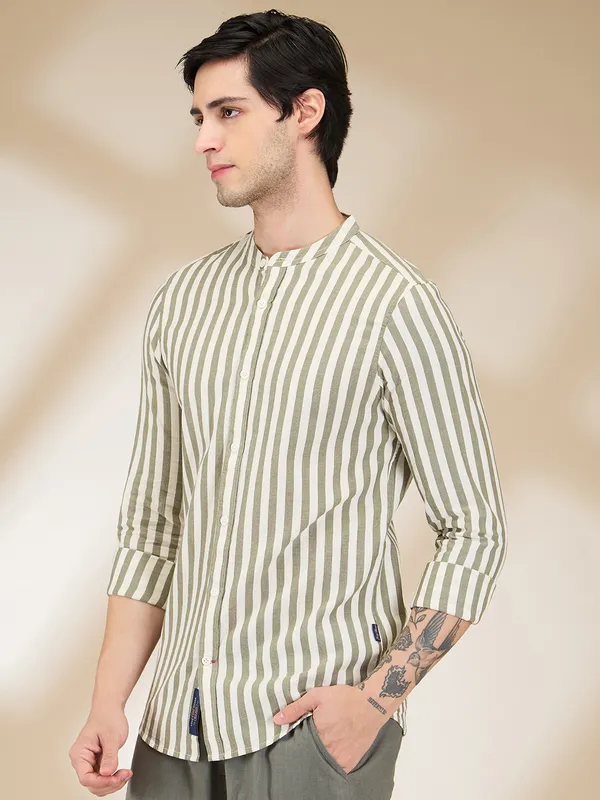 Being Human Men Green Vertical Stripes Band Collar Shirt